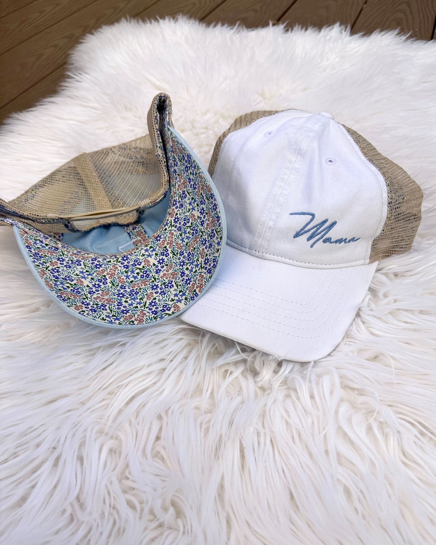 White Floral Ponytail Mama Hat